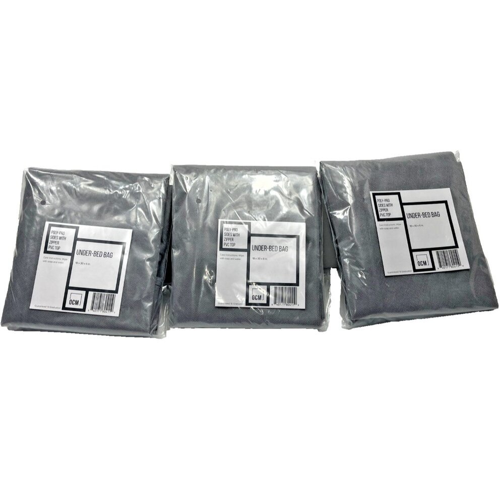 Under-Bed Bags Set of 3 Poly-Pro Side w/Zipper PVC Top Grey New 18 x 30 x 6 in